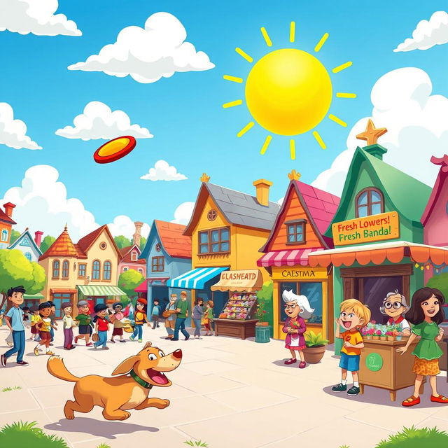 A vibrant and colorful cartoon scene featuring a bustling town square filled with cheerful characters