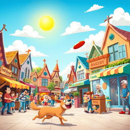 A vibrant and colorful cartoon scene featuring a bustling town square filled with cheerful characters
