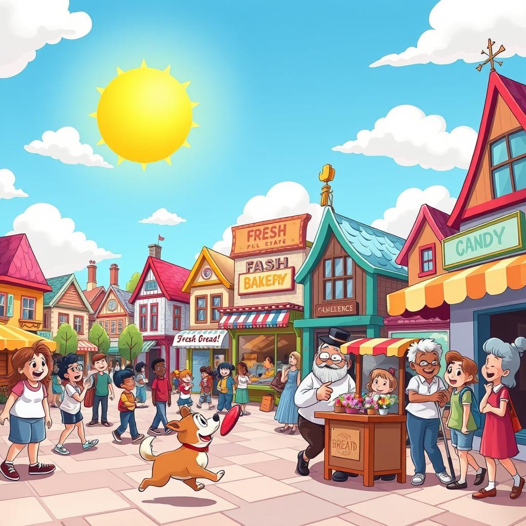 A vibrant and colorful cartoon scene featuring a bustling town square filled with cheerful characters