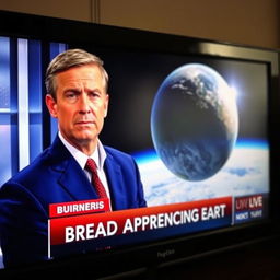 A close-up shot of a television screen featuring a serious news anchor delivering urgent news