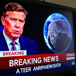 A close-up shot of a television screen featuring a serious news anchor delivering urgent news
