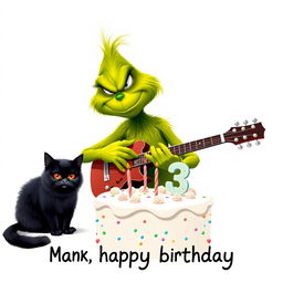 On a clean white background, a grumpy Grinch with a scowling expression is playing a guitar, highlighting his green skin and distinct features