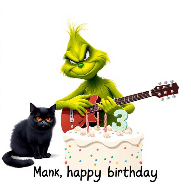 On a clean white background, a grumpy Grinch with a scowling expression is playing a guitar, highlighting his green skin and distinct features