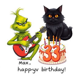 On a clean white background, a grumpy Grinch with a scowling expression is playing a guitar, highlighting his green skin and distinct features