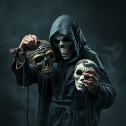 A striking representation of the Grim Reaper, portrayed in a dramatic and mysterious style
