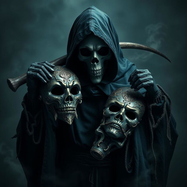 A striking representation of the Grim Reaper, portrayed in a dramatic and mysterious style