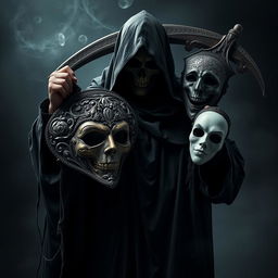 A striking representation of the Grim Reaper, portrayed in a dramatic and mysterious style