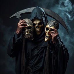 A striking representation of the Grim Reaper, portrayed in a dramatic and mysterious style
