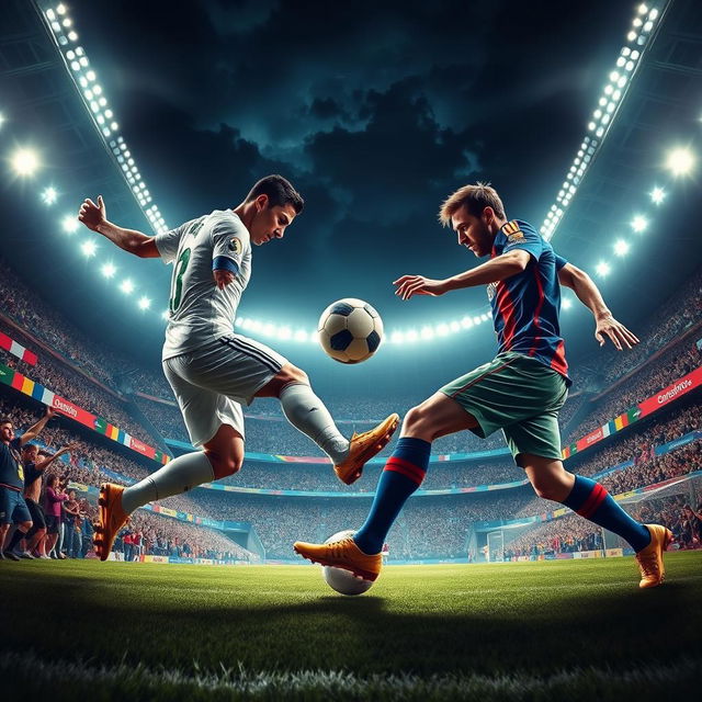 An epic action scene depicting a dramatic rivalry between two world-famous soccer players, Cristiano Ronaldo and Lionel Messi