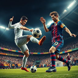 An epic action scene depicting a dramatic rivalry between two world-famous soccer players, Cristiano Ronaldo and Lionel Messi