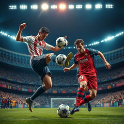 An epic action scene depicting a dramatic rivalry between two world-famous soccer players, Cristiano Ronaldo and Lionel Messi