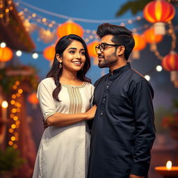 A cute and beautiful Indian office girl, aged 25, dressed in a stunning white kurta, celebrating Diwali night