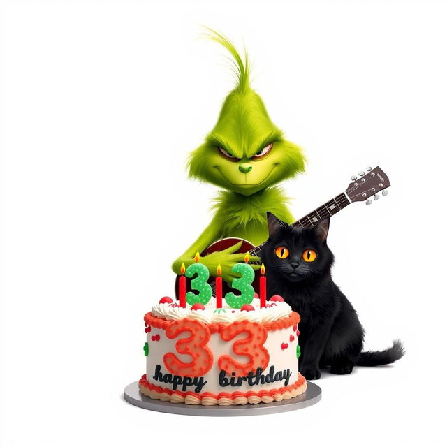 On a clean white background, a grumpy Grinch with a scowling expression is playing a guitar, showcasing his signature green color and whimsical features