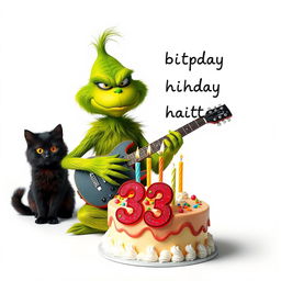 On a clean white background, a grumpy Grinch with a scowling expression is playing a guitar, showcasing his signature green color and whimsical features