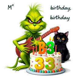 On a clean white background, a grumpy Grinch with a scowling expression is playing a guitar, showcasing his signature green color and whimsical features