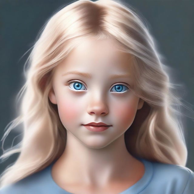 A high-quality digital art piece featuring a young girl with bright blue eyes and blond hair