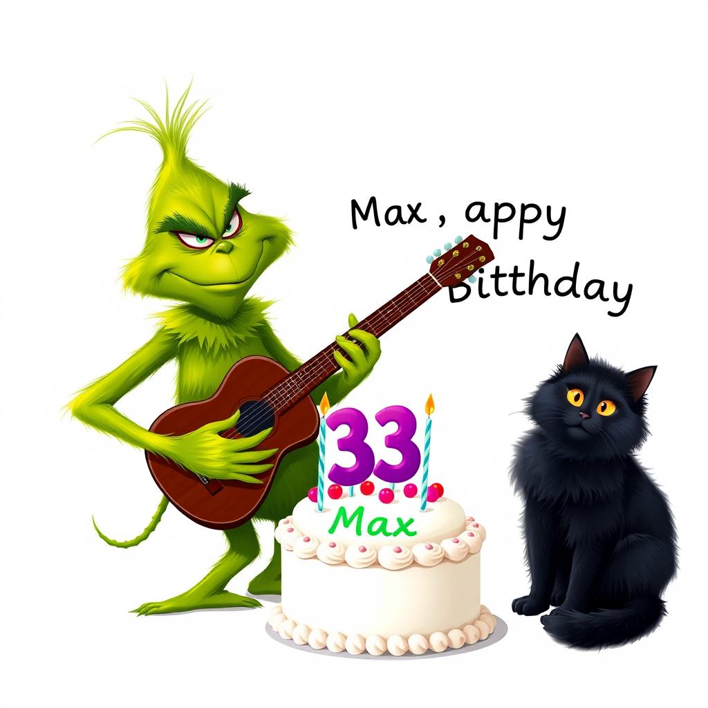 On a crisp white background, a grumpy Grinch with a frown is energetically playing a guitar, showcasing his signature green fur and mischievous features