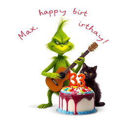 On a crisp white background, a grumpy Grinch with a frown is energetically playing a guitar, showcasing his signature green fur and mischievous features