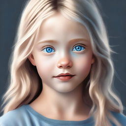 A high-quality digital art piece featuring a young girl with bright blue eyes and blond hair