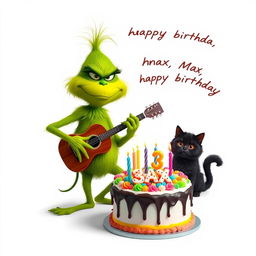 On a crisp white background, a grumpy Grinch with a frown is energetically playing a guitar, showcasing his signature green fur and mischievous features