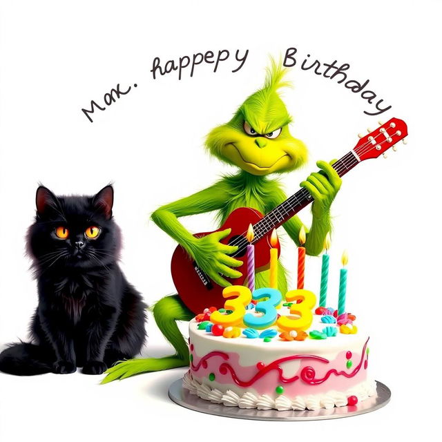 On a crisp white background, a grumpy Grinch with a frown is energetically playing a guitar, showcasing his signature green fur and mischievous features