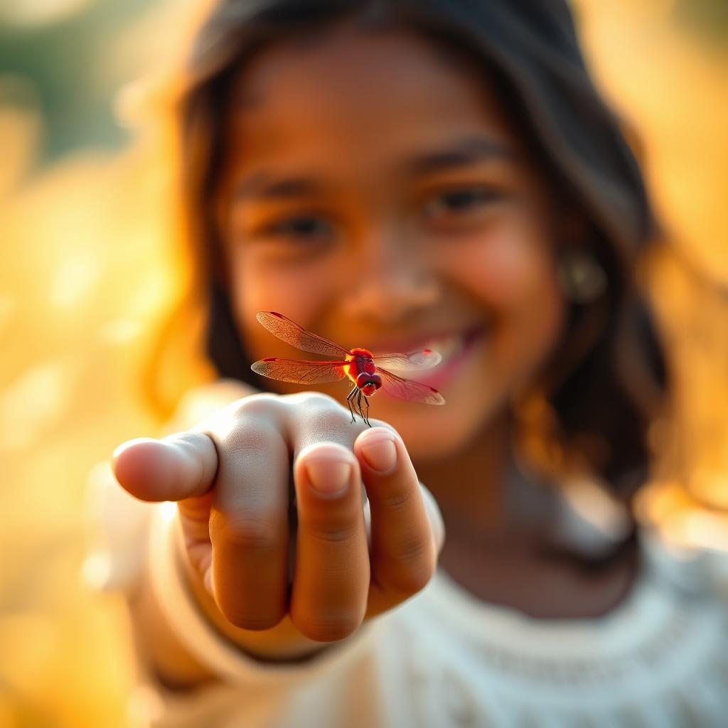 A beautiful brown-skinned girl with an enchanting smile, her hands elegantly pointing towards the viewer