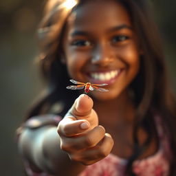 A beautiful brown-skinned girl with an enchanting smile, her hands elegantly pointing towards the viewer