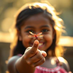 A beautiful brown-skinned girl with an enchanting smile, her hands elegantly pointing towards the viewer