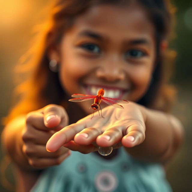 A beautiful brown-skinned girl with an enchanting smile, her hands elegantly pointing towards the viewer