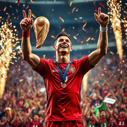 An artistic representation of Cristiano Ronaldo celebrating with the World Cup trophy, surrounded by fireworks and confetti, showcasing his iconic celebration pose with arms raised high in triumph, wearing the Portuguese national team jersey, with an ecstatic crowd in the background, capturing the joy and fervor of a championship victory