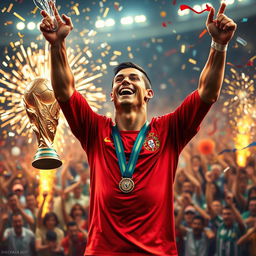 An artistic representation of Cristiano Ronaldo celebrating with the World Cup trophy, surrounded by fireworks and confetti, showcasing his iconic celebration pose with arms raised high in triumph, wearing the Portuguese national team jersey, with an ecstatic crowd in the background, capturing the joy and fervor of a championship victory