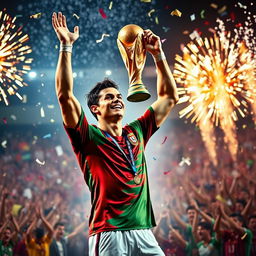 An artistic representation of Cristiano Ronaldo celebrating with the World Cup trophy, surrounded by fireworks and confetti, showcasing his iconic celebration pose with arms raised high in triumph, wearing the Portuguese national team jersey, with an ecstatic crowd in the background, capturing the joy and fervor of a championship victory