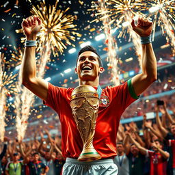 An artistic representation of Cristiano Ronaldo celebrating with the World Cup trophy, surrounded by fireworks and confetti, showcasing his iconic celebration pose with arms raised high in triumph, wearing the Portuguese national team jersey, with an ecstatic crowd in the background, capturing the joy and fervor of a championship victory