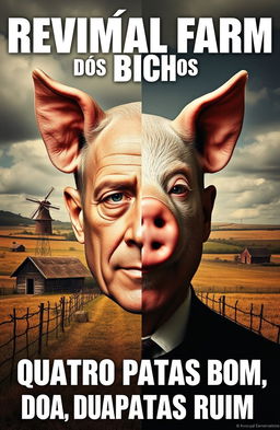 A striking image featuring a face split down the middle, one half depicting a human man and the other half depicting a pig, symbolizing the transformation of leaders into tyrants