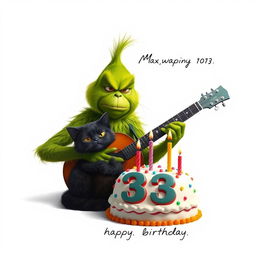 On a pristine white background, a realistic portrayal of a grumpy Grinch is depicted playing a guitar, showcasing intricate details of his green fur and expressive features
