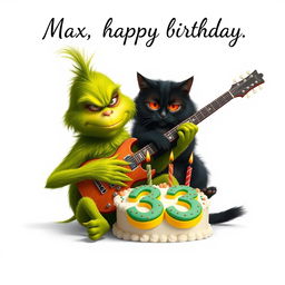 On a pristine white background, a realistic portrayal of a grumpy Grinch is depicted playing a guitar, showcasing intricate details of his green fur and expressive features