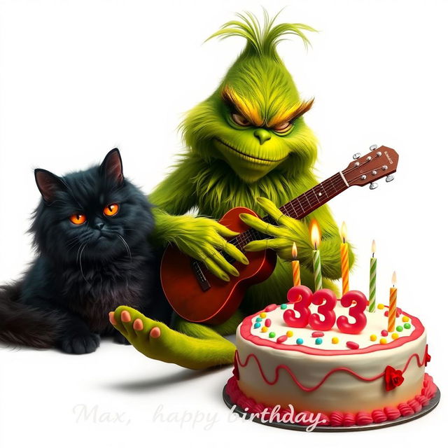 On a pristine white background, a realistic portrayal of a grumpy Grinch is depicted playing a guitar, showcasing intricate details of his green fur and expressive features