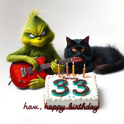 On a pristine white background, a realistic portrayal of a grumpy Grinch is depicted playing a guitar, showcasing intricate details of his green fur and expressive features