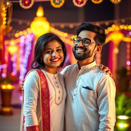 A cute and beautiful Indian office girl, aged 25, dressed in a gorgeous white kurta, celebrating Diwali night