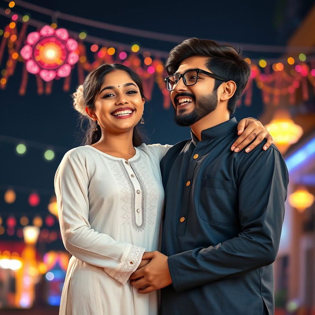 A cute and beautiful Indian office girl, aged 25, dressed in a gorgeous white kurta, celebrating Diwali night