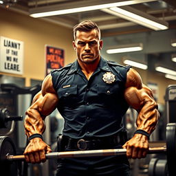 A powerful scene depicting a muscular man in a police uniform performing a deadlift exercise