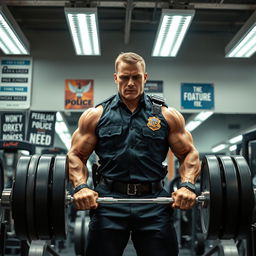 A powerful scene depicting a muscular man in a police uniform performing a deadlift exercise