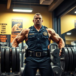 A powerful scene depicting a muscular man in a police uniform performing a deadlift exercise
