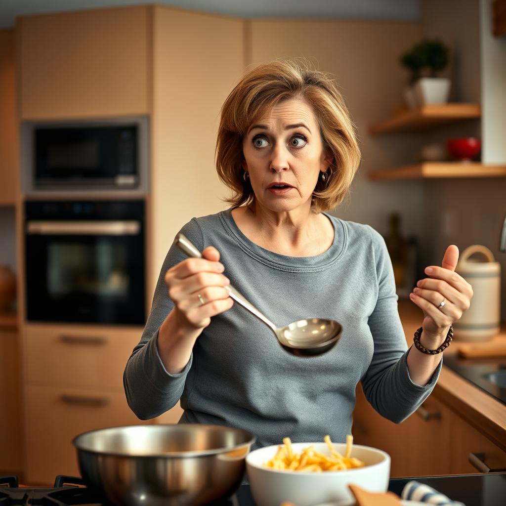 A modern kitchen scene where a woman in her 40s suddenly stops cooking, turning towards the living room with a shocked expression