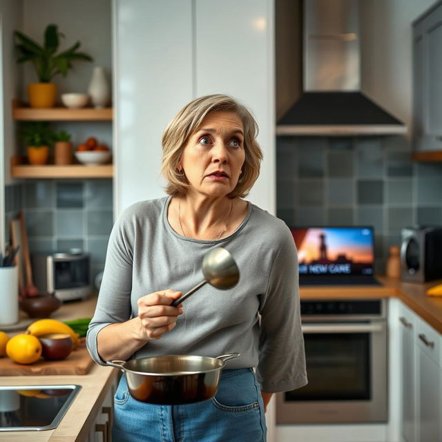 A modern kitchen scene where a woman in her 40s suddenly stops cooking, turning towards the living room with a shocked expression