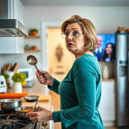 A modern kitchen scene where a woman in her 40s suddenly stops cooking, turning towards the living room with a shocked expression