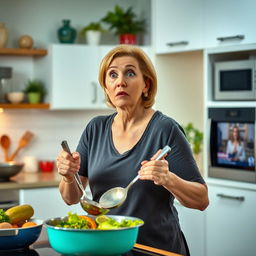 A modern kitchen scene where a woman in her 40s suddenly stops cooking, turning towards the living room with a shocked expression