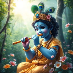 A divine depiction of Shree Krishna, portrayed as a youthful figure with blue skin, wearing a peacock feather crown and traditional yellow attire