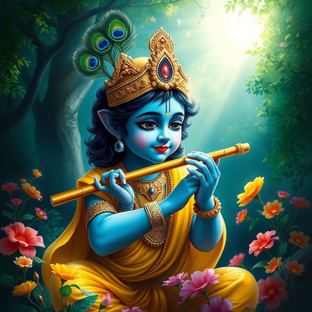 A divine depiction of Shree Krishna, portrayed as a youthful figure with blue skin, wearing a peacock feather crown and traditional yellow attire