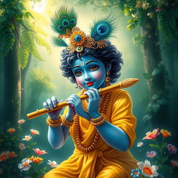 A divine depiction of Shree Krishna, portrayed as a youthful figure with blue skin, wearing a peacock feather crown and traditional yellow attire